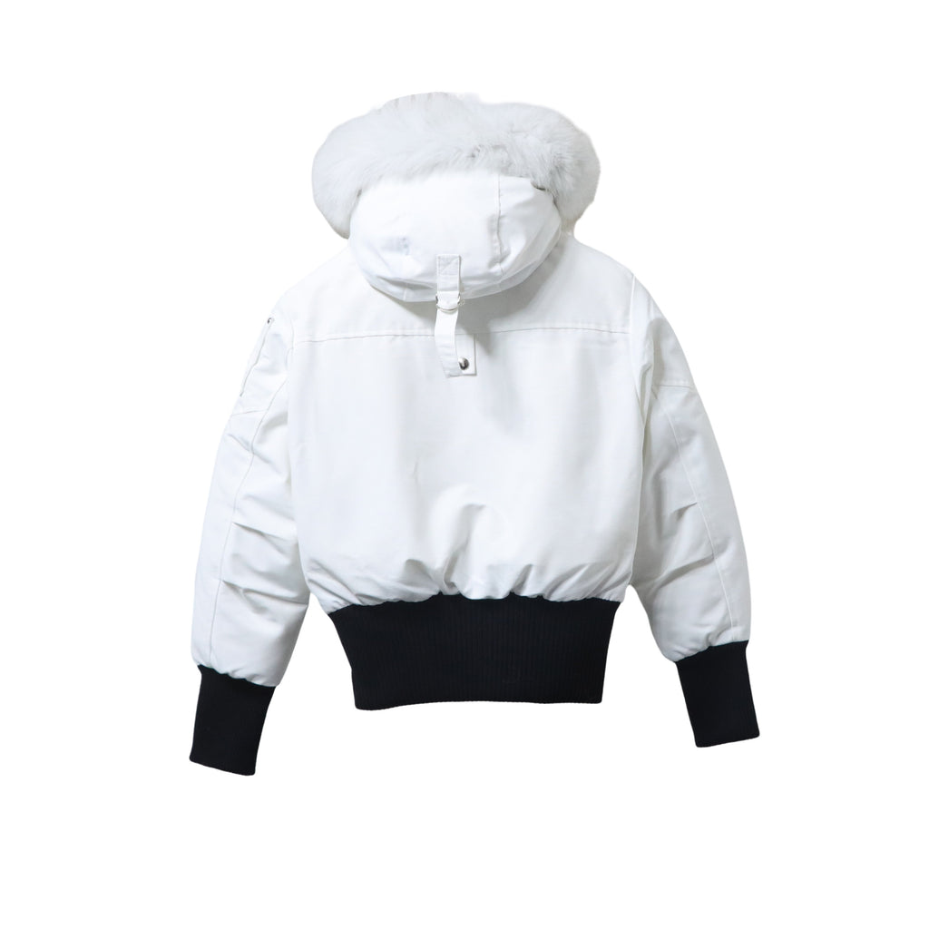 Moose Knuckles White Shell Fur Hood Bomber Jacket