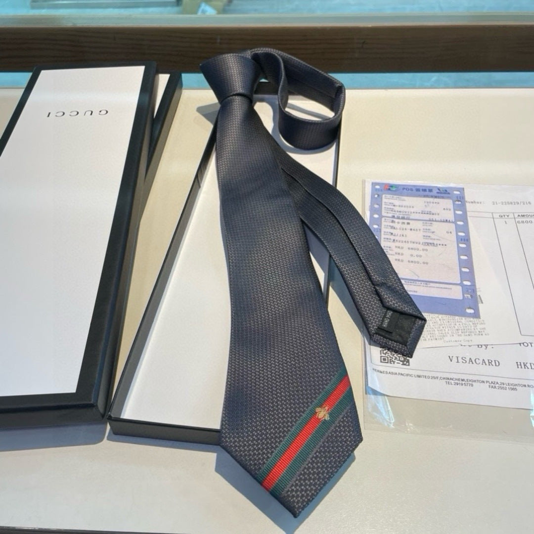 Gucci Style Men's Web Stripe Textured Silk Tie