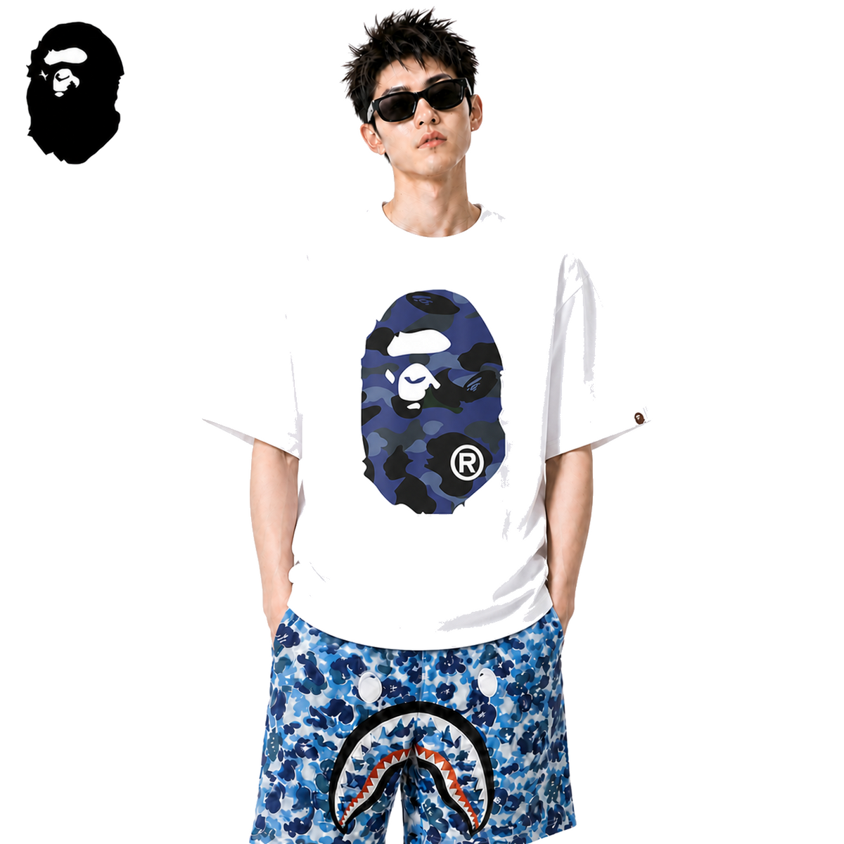 BAPE Blue Camo Side Big Ape Head Men's T-Shirt - White