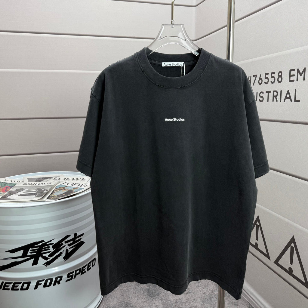Acne Studios Large Circular Stamp‑Print Distressed‑Trim Crew‑Neck Short‑Sleeve T‑Shirt