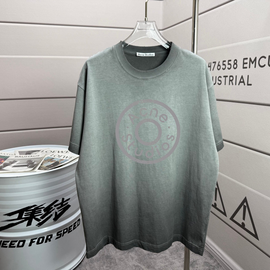 Acne Studios Large Circular Stamp‑Print Distressed‑Trim Crew‑Neck Short‑Sleeve T‑Shirt