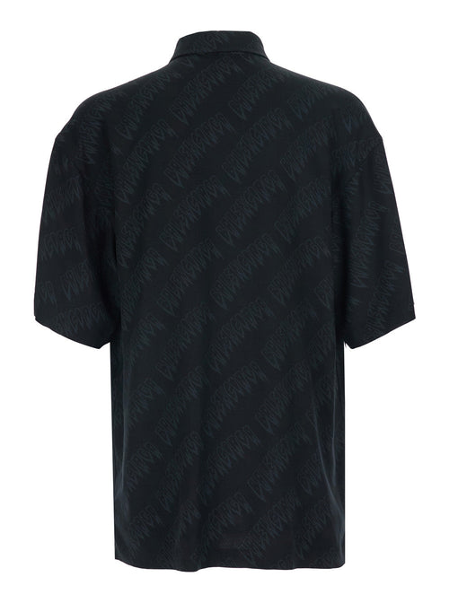 Balenciaga Men Black Shirt 'Creeper' With Classic Collar And All-Over Logo Motif In Viscose For Men