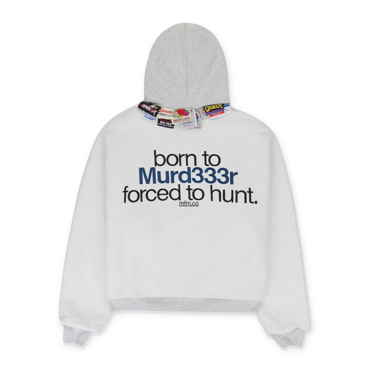 GREEDY UNIT x MURD333R.FM GREY DOUBLE LAYERED HOODIE