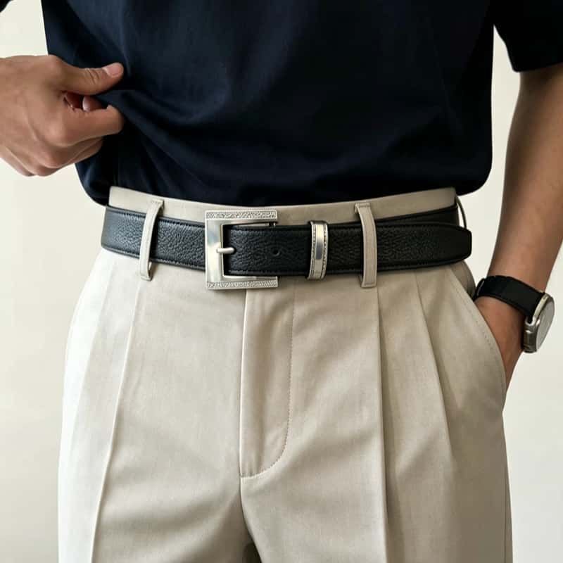 Litchi Grain Cowhide Belt Vintage Engraved Pin Buckle Waist Belt