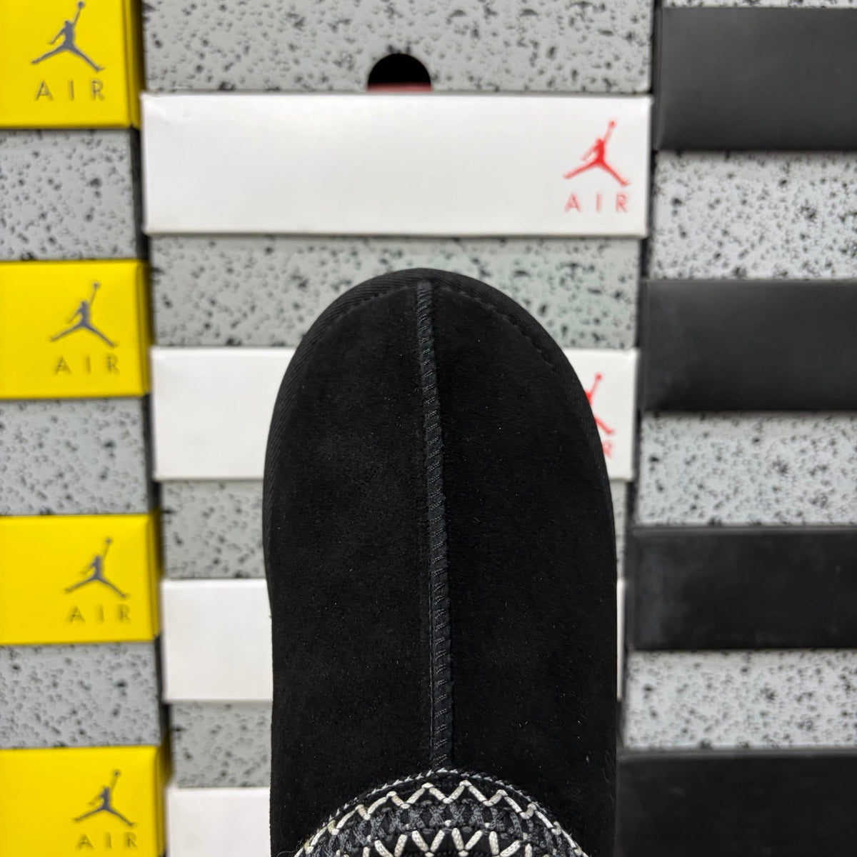 UGG Tasman Slip-On Slipper – Suede Moccasin with Shearling Lining, Black & White Woven Collar & Grey Lug Sole in Black