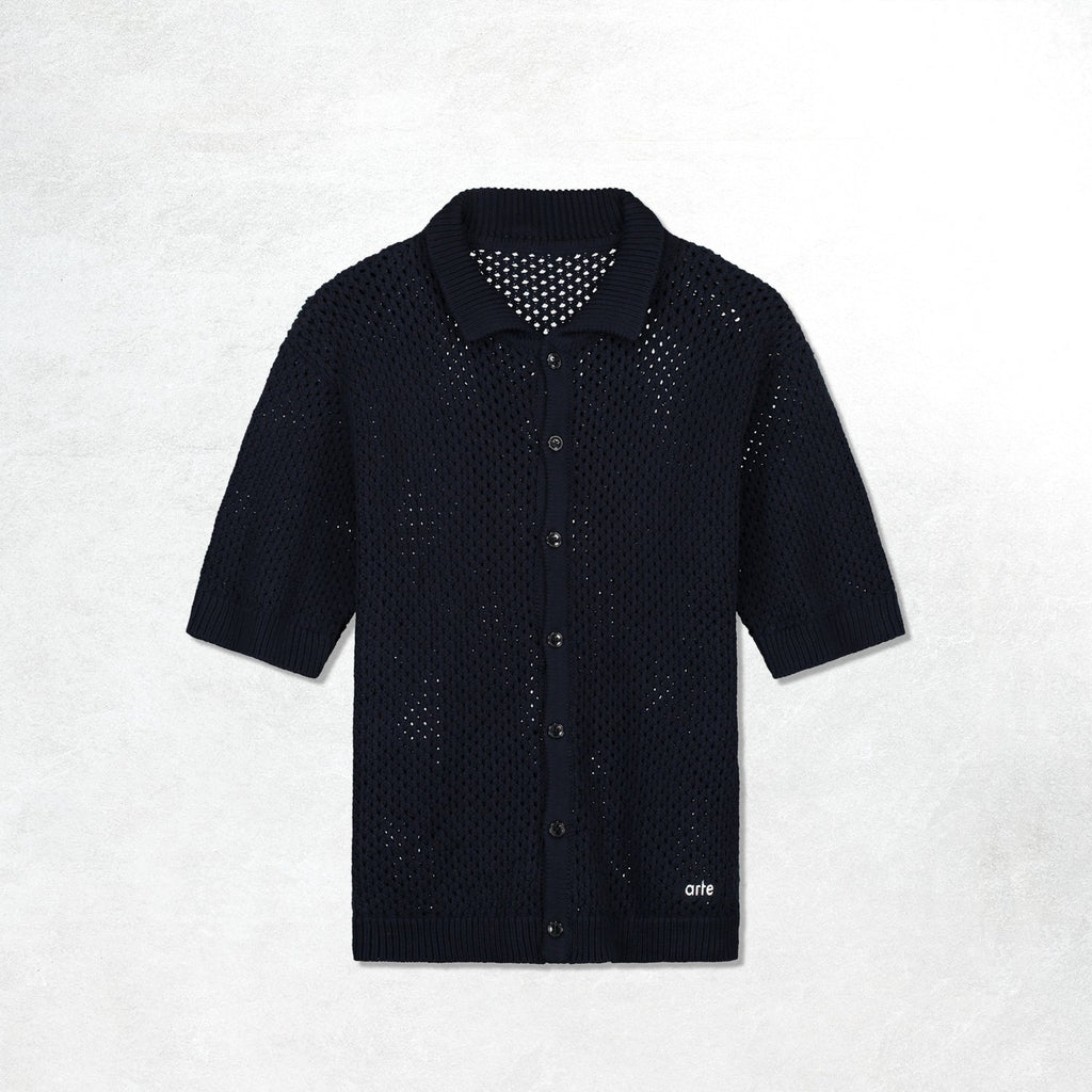 Arte Crochet Knit Button Shirt: Navy