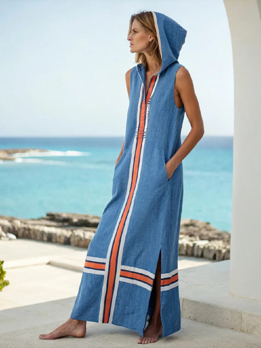 Women's Hooded Striped-Trim Sleeveless Maxi Beach Cover-Up