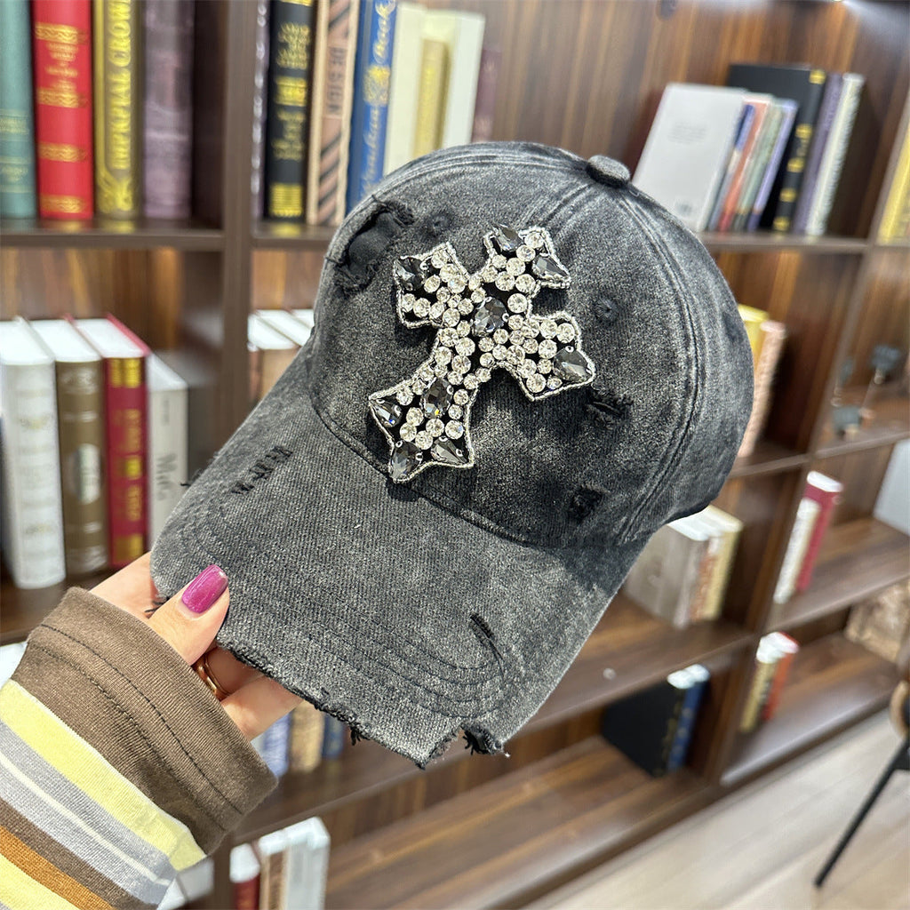 Rhinestone Cross Distressed Washed Denim Baseball Cap Multi‑Color