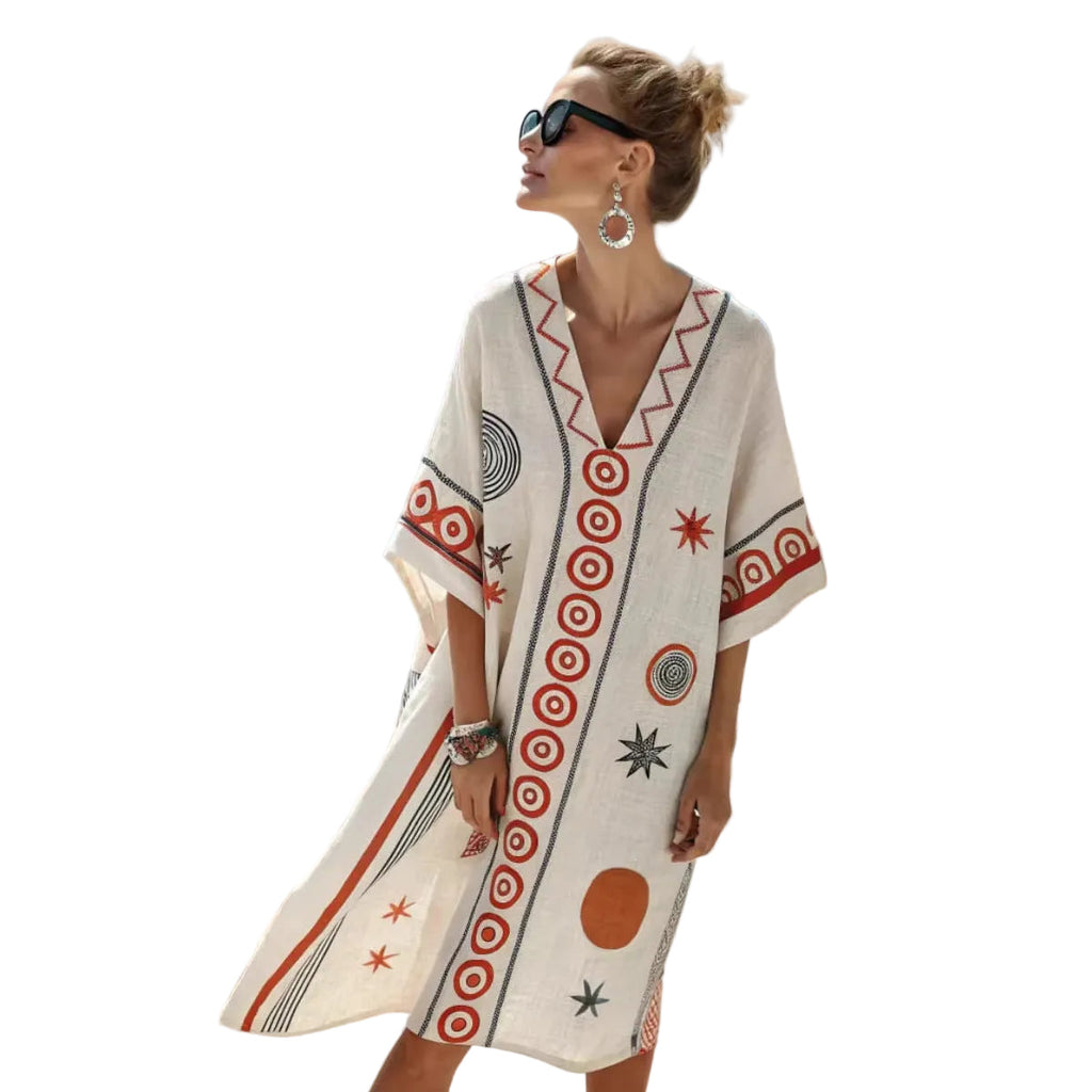 Women's Boho Geometric-Print V-Neck Asymmetric Kaftan Dress