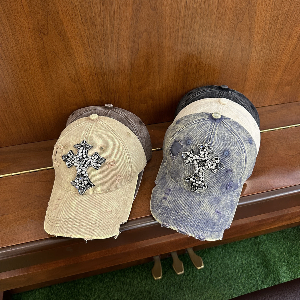 Rhinestone Cross Distressed Washed Denim Baseball Cap Multi‑Color