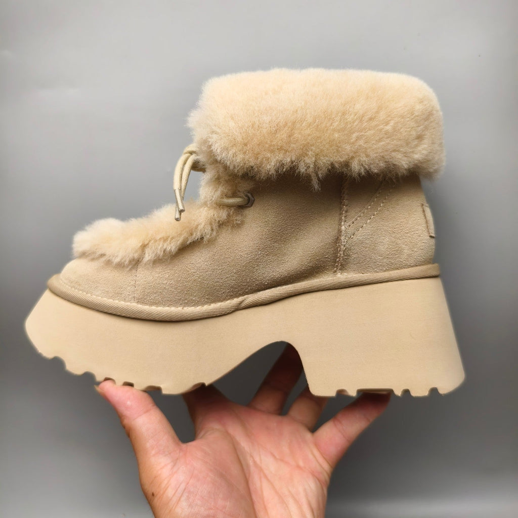 Mustard Fluffy Lace-Up Wedge Ankle Boots — New Arrival | In Stock