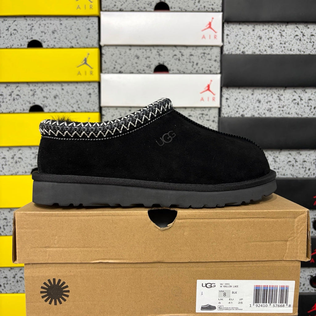 UGG Tasman Slip-On Slipper – Suede Moccasin with Shearling Lining, Black & White Woven Collar & Grey Lug Sole in Black