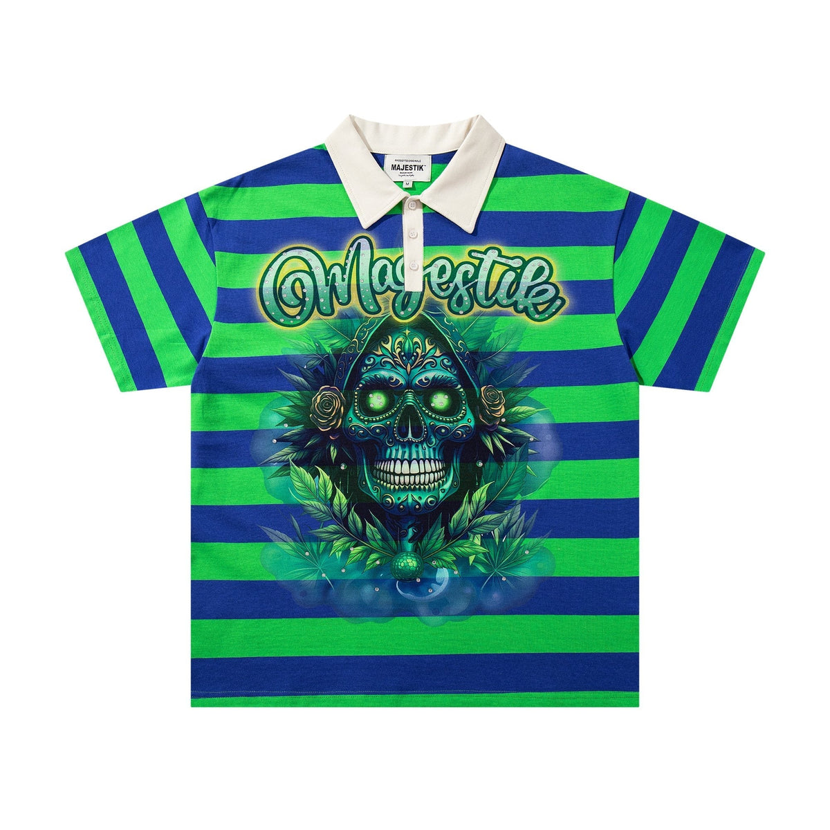 MAJESTIK Green/Blue Striped Skull Graphic Polo Shirt