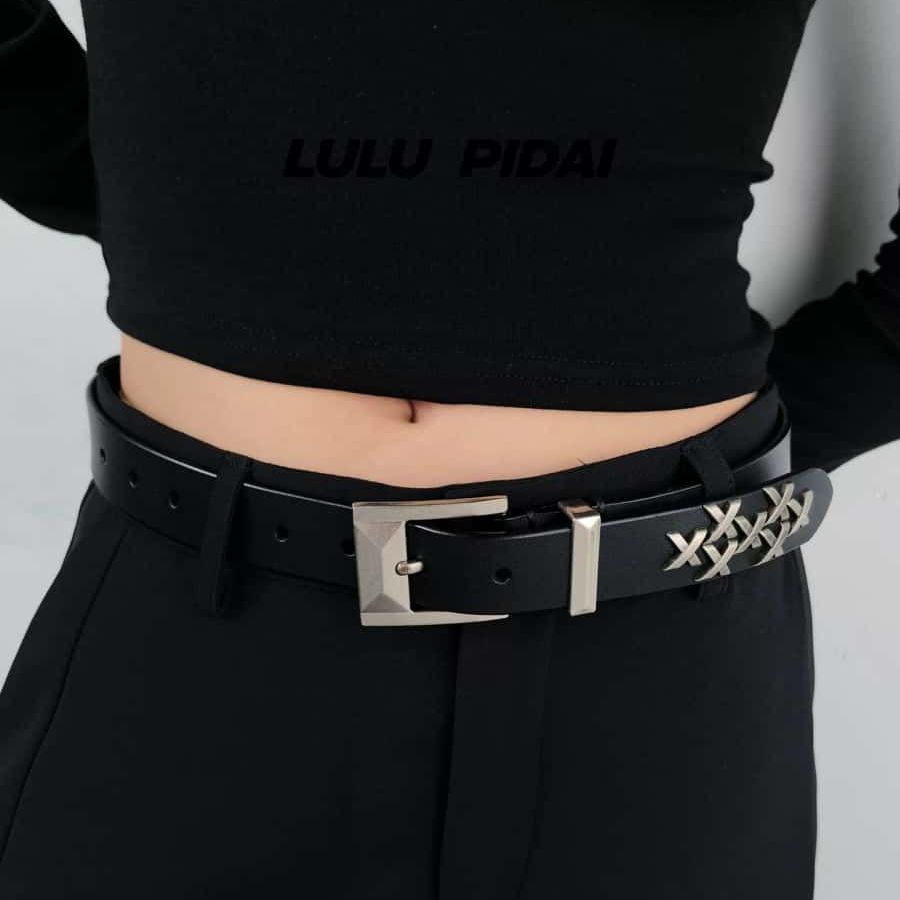 Cross X Metal Studded Full Grain Leather Belt Pin Buckle Waist Belt