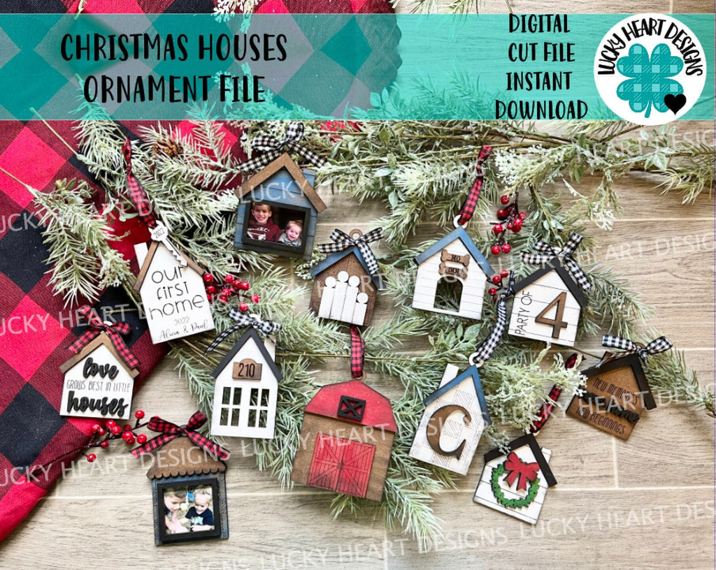 Christmas Houses Ornament File SVG, Glowforge Shiplap Farmhouse, LuckyHeartDesignsCo