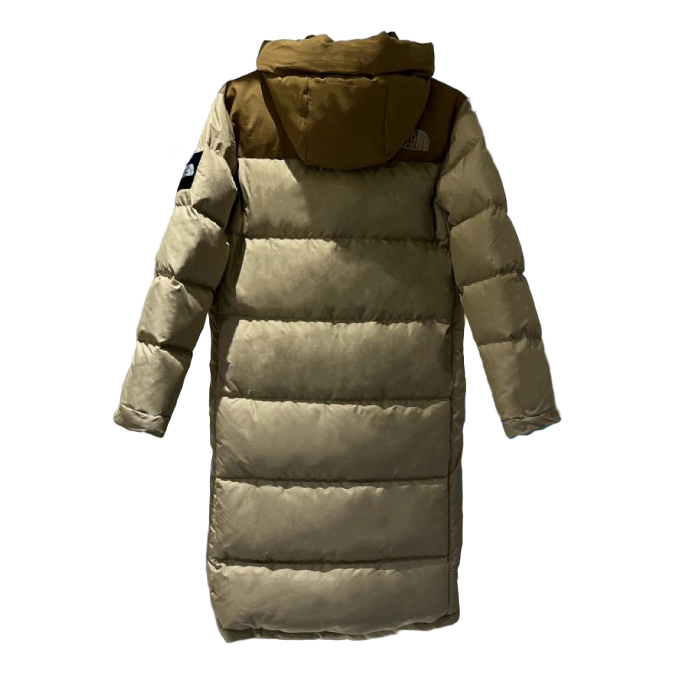 The North Face Color-Block Hooded Long Puffer Coat in Tan