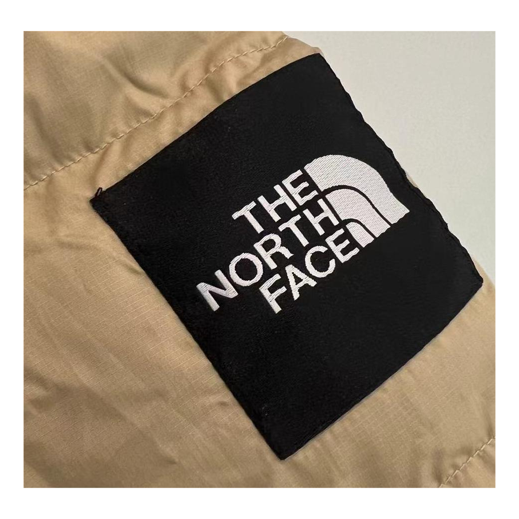 The North Face Color-Block Hooded Long Puffer Coat in Tan