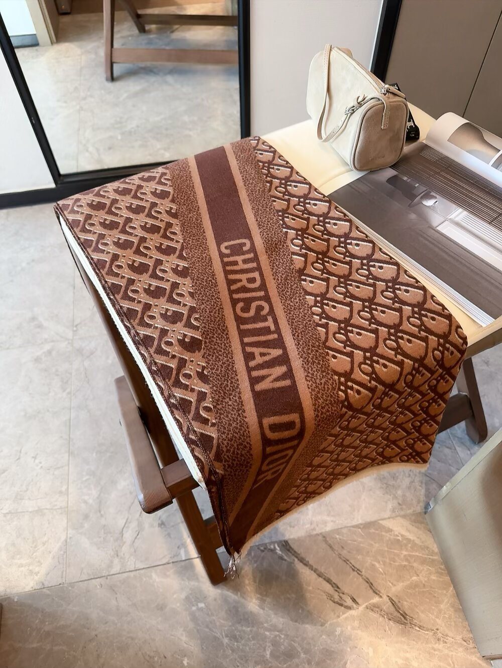 Dior Brown & Beige Fringed Scarf Shawl
