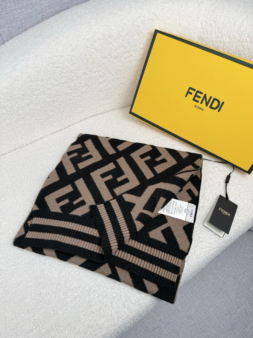 Fendi Black and Tan Monogram Knit Scarf