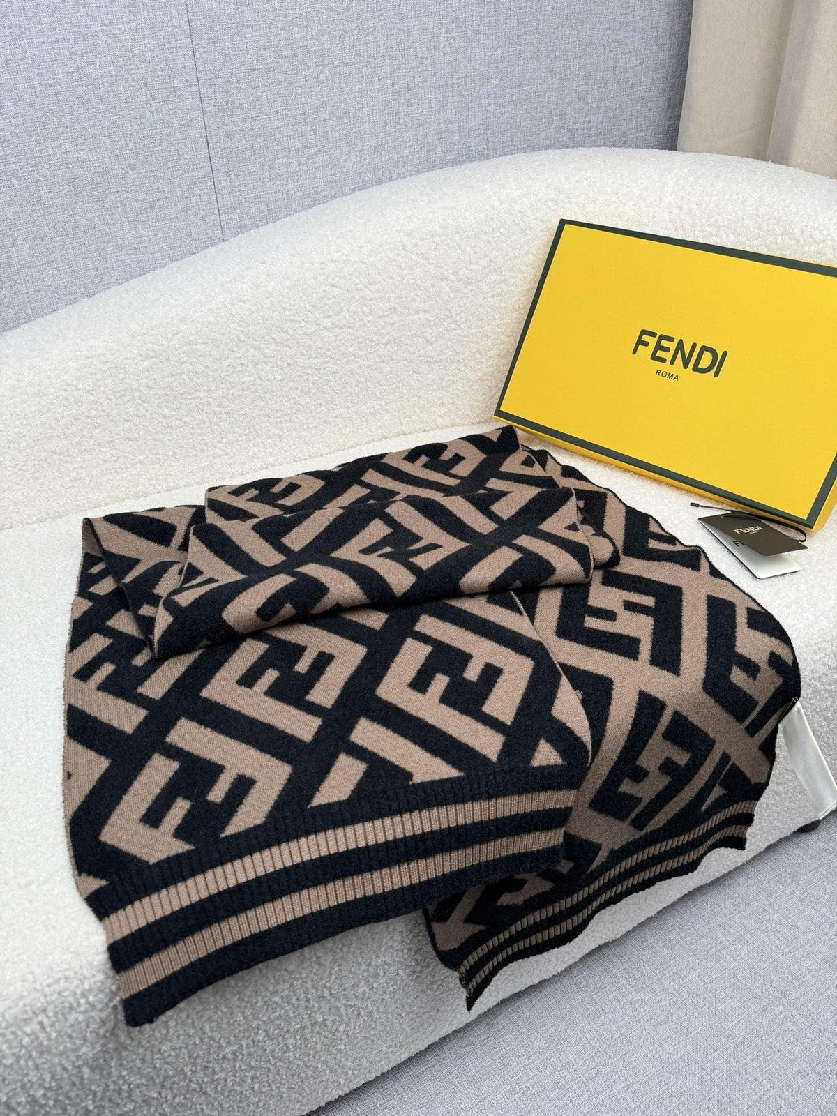 Fendi Black and Tan Monogram Knit Scarf