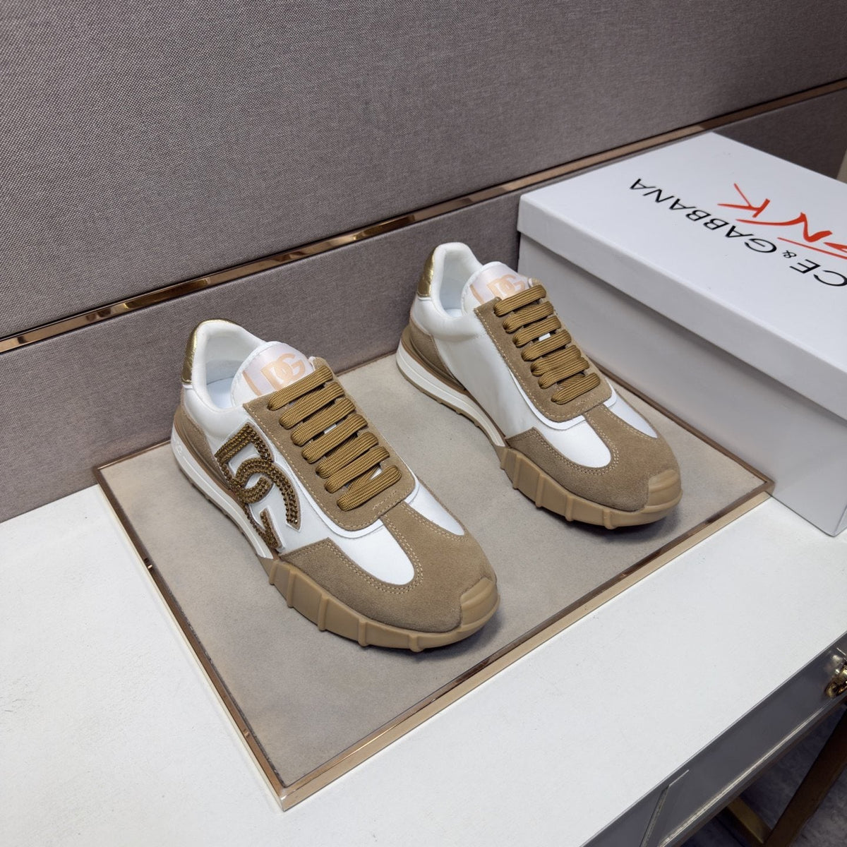 Dolce & Gabbana Men's White Tan Monogram Sneakers