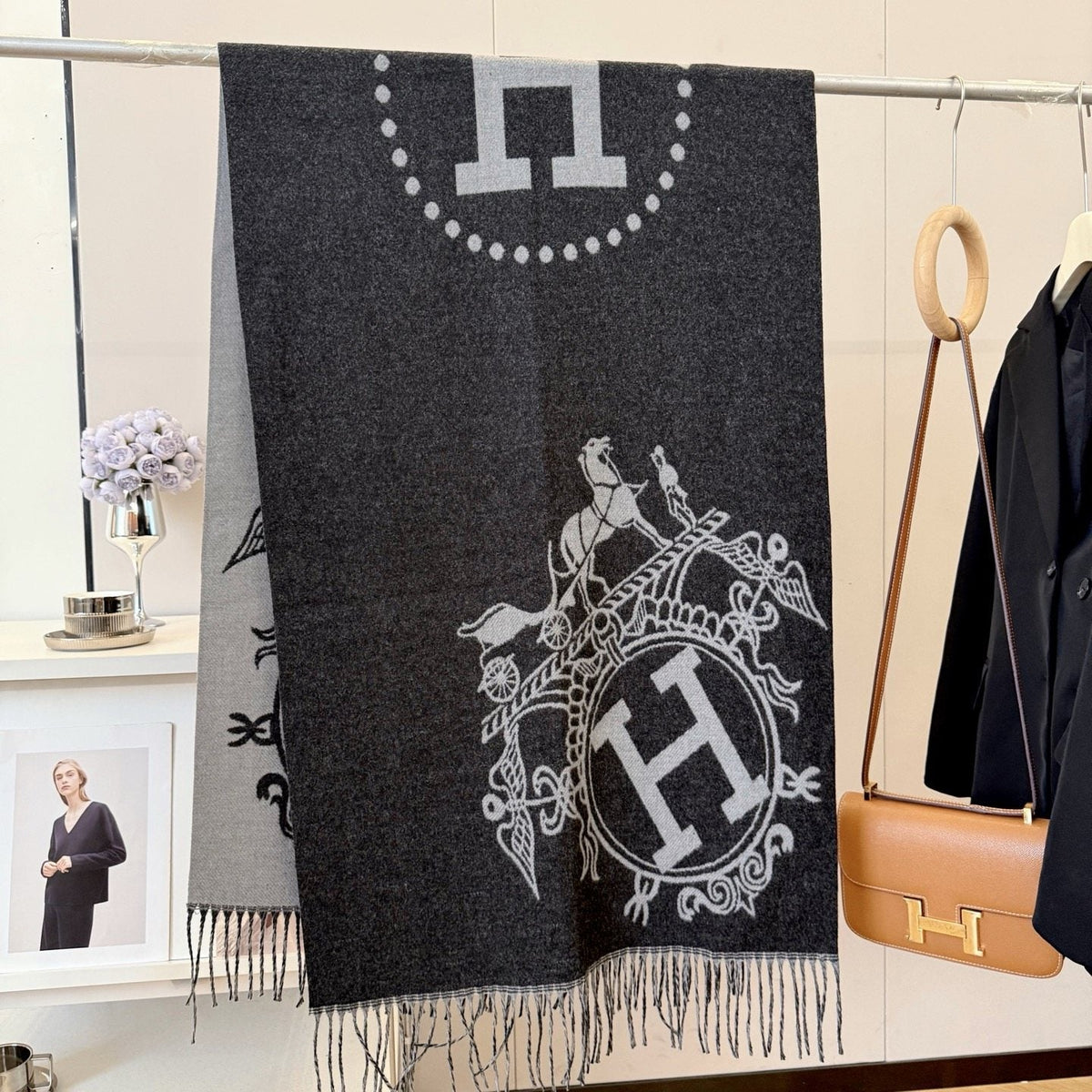 Fringed Knit Scarf with Ornamental Motif