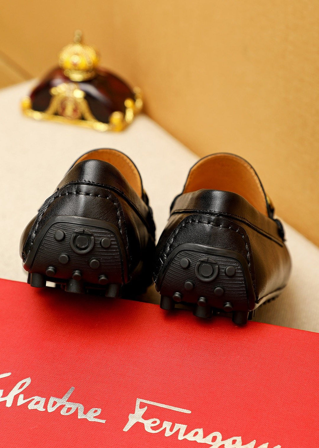 Ferragamo Black Gold-Tone Driving Loafers