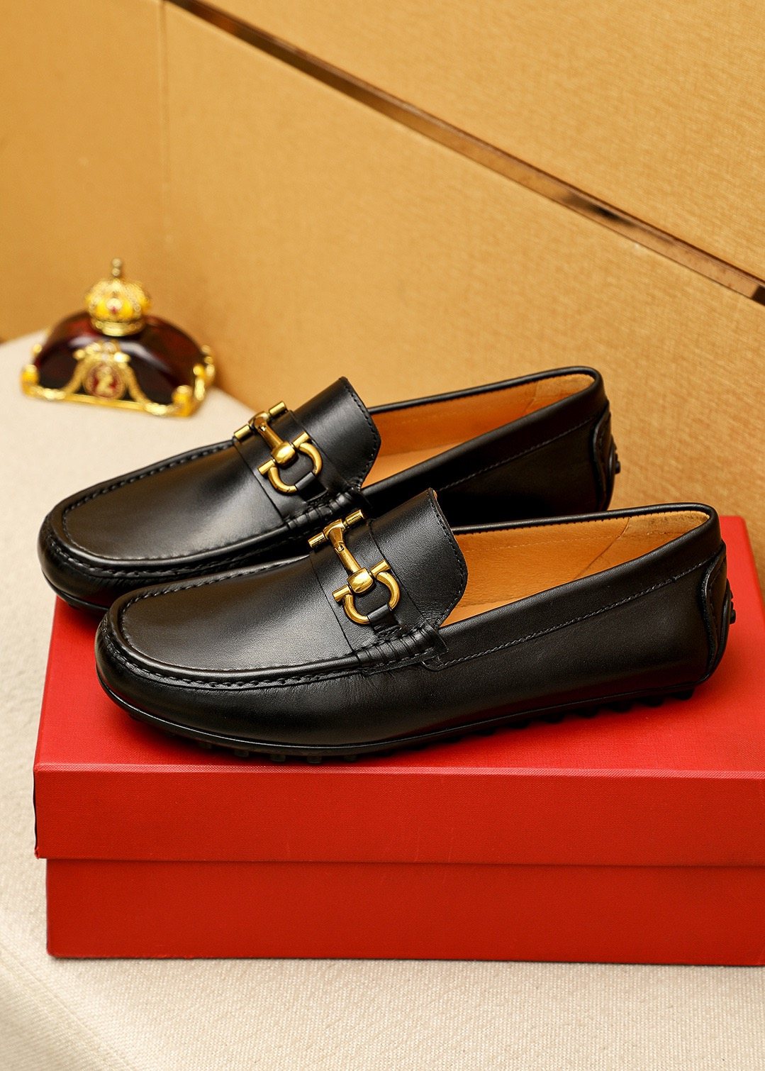 Ferragamo Black Gold-Tone Driving Loafers