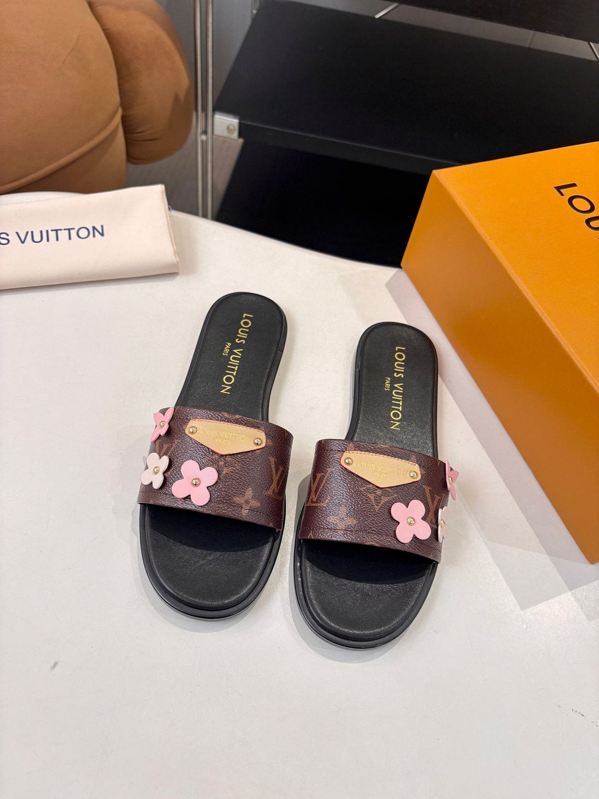 Louis Vuitton Floral Slide Sandals - Dark Brown, Black & Pink