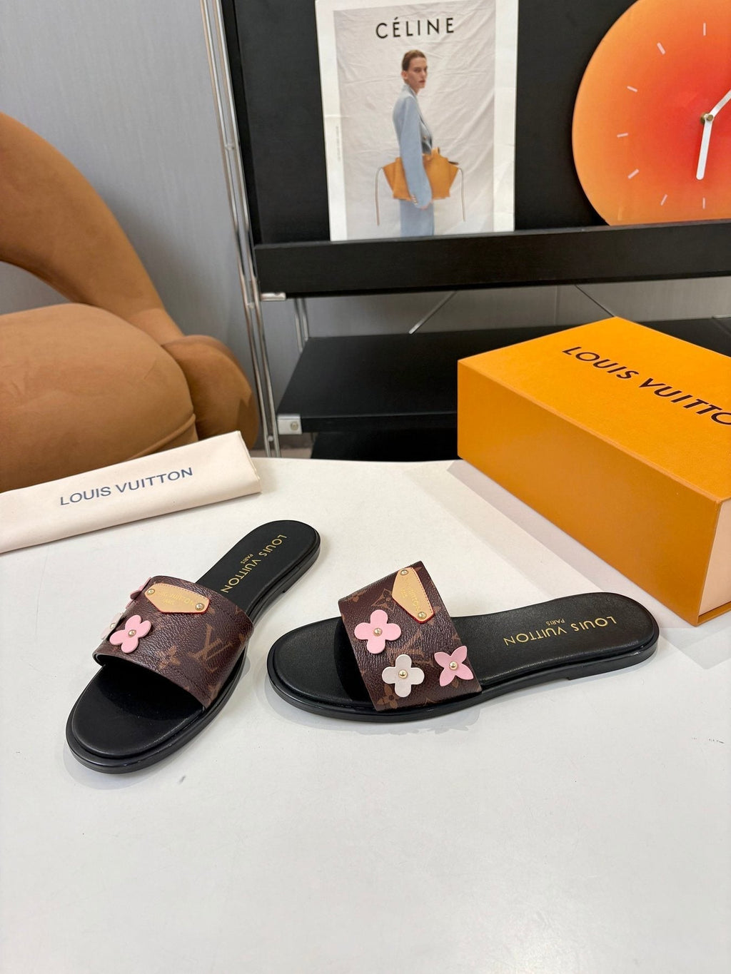 Louis Vuitton Floral Slide Sandals - Dark Brown, Black & Pink