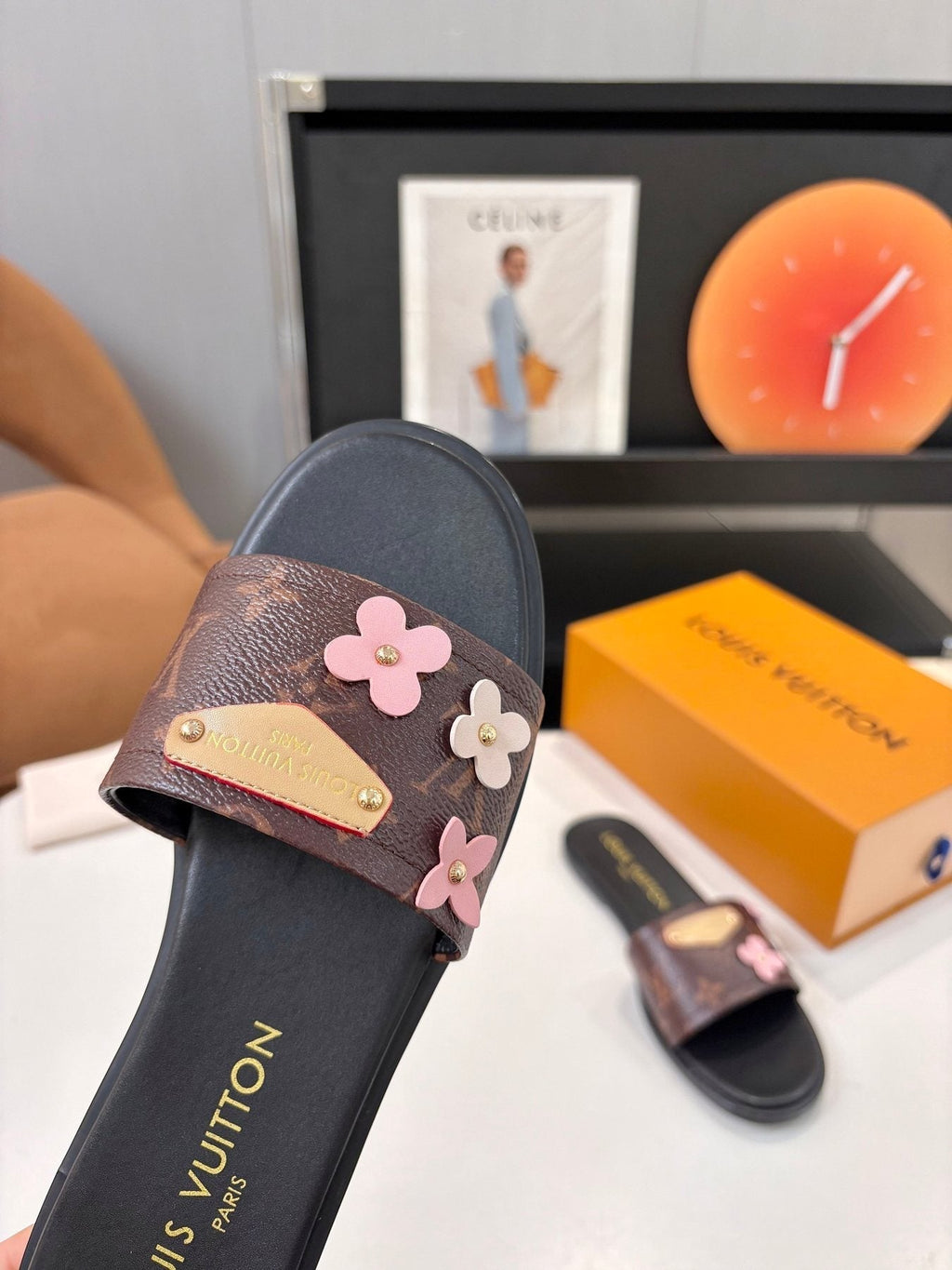 Louis Vuitton Floral Slide Sandals - Dark Brown, Black & Pink