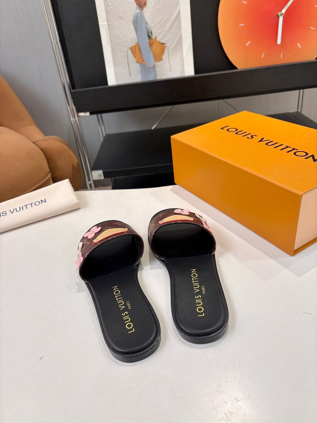 Louis Vuitton Floral Slide Sandals - Dark Brown, Black & Pink