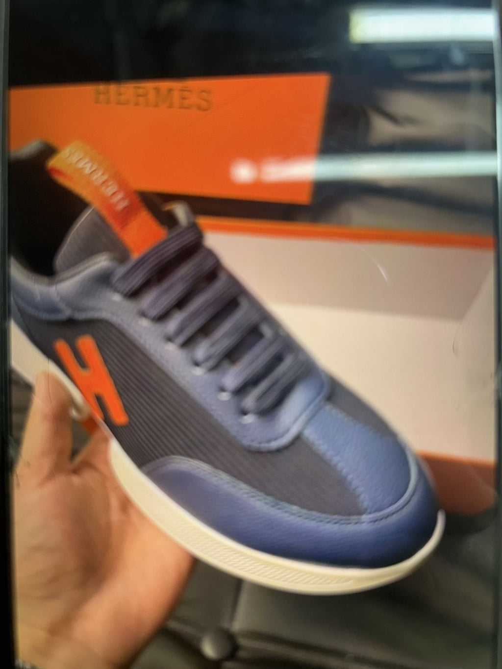 Hermès Navy Orange H-Detail Sneakers