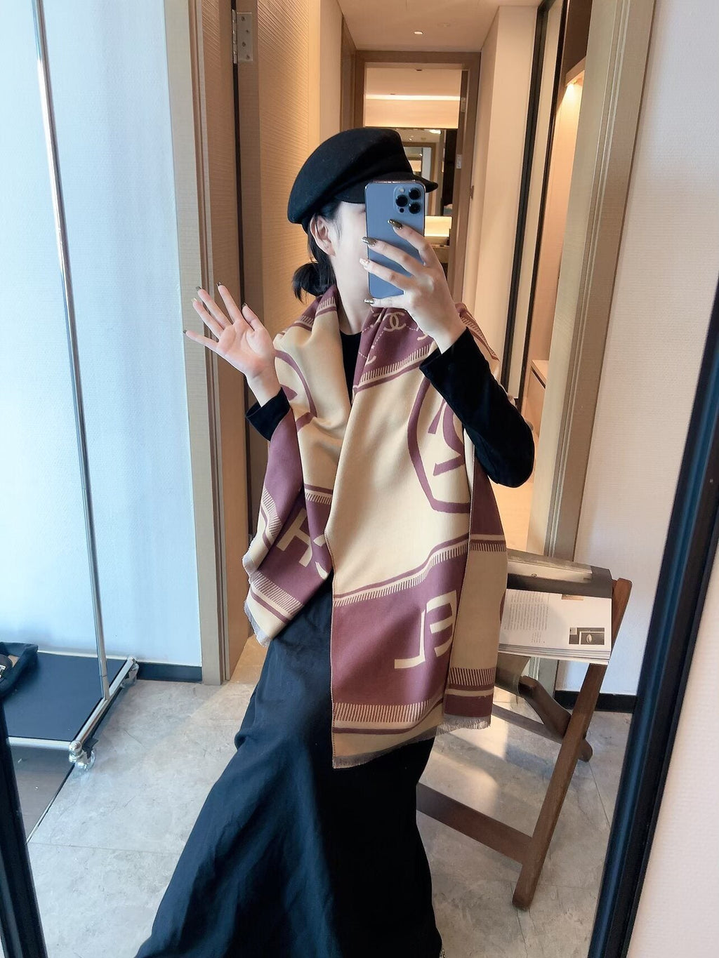 Chanel Burgundy Beige Motif Scarf