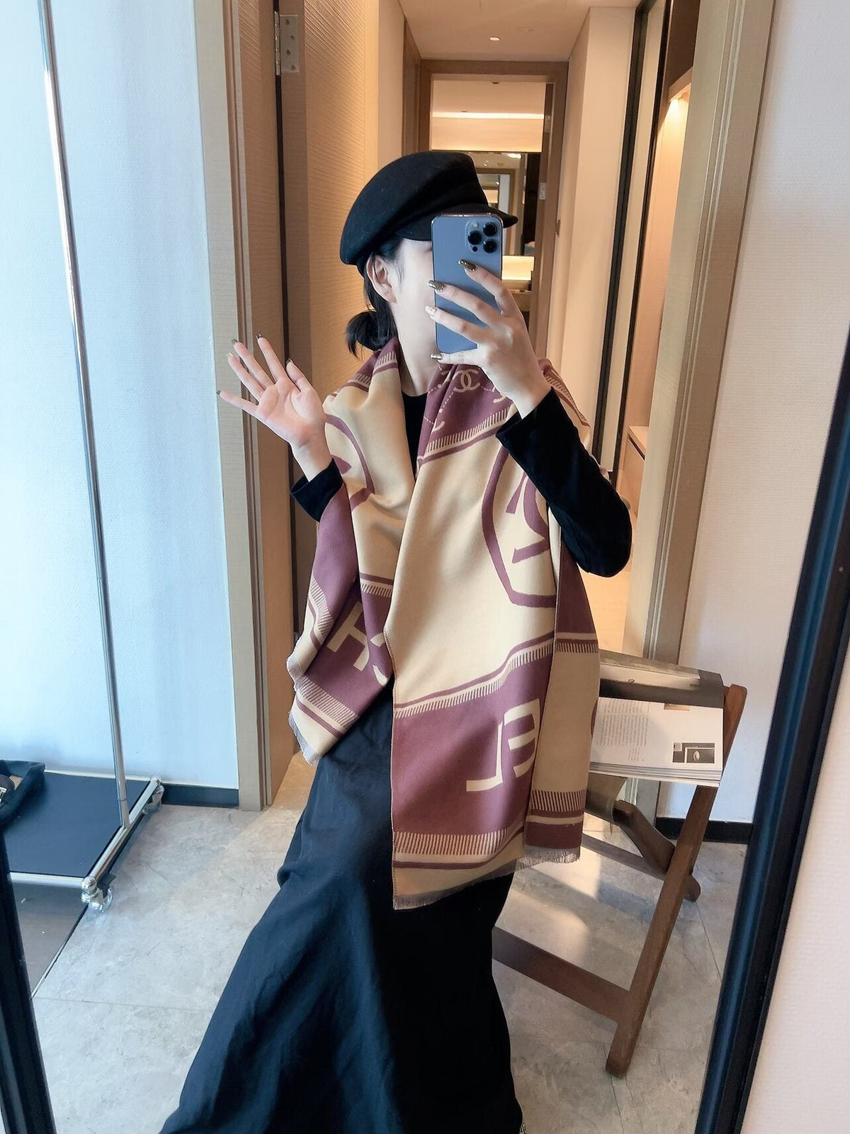 Chanel Burgundy Beige Motif Scarf