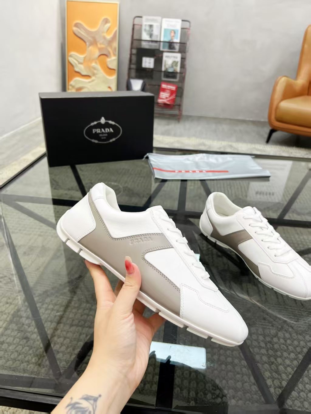 Prada Men's White and Taupe Low-Top Sneakers