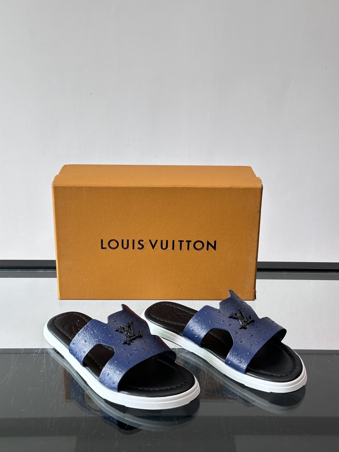 Louis Vuitton Embossed Blue Slide Sandals