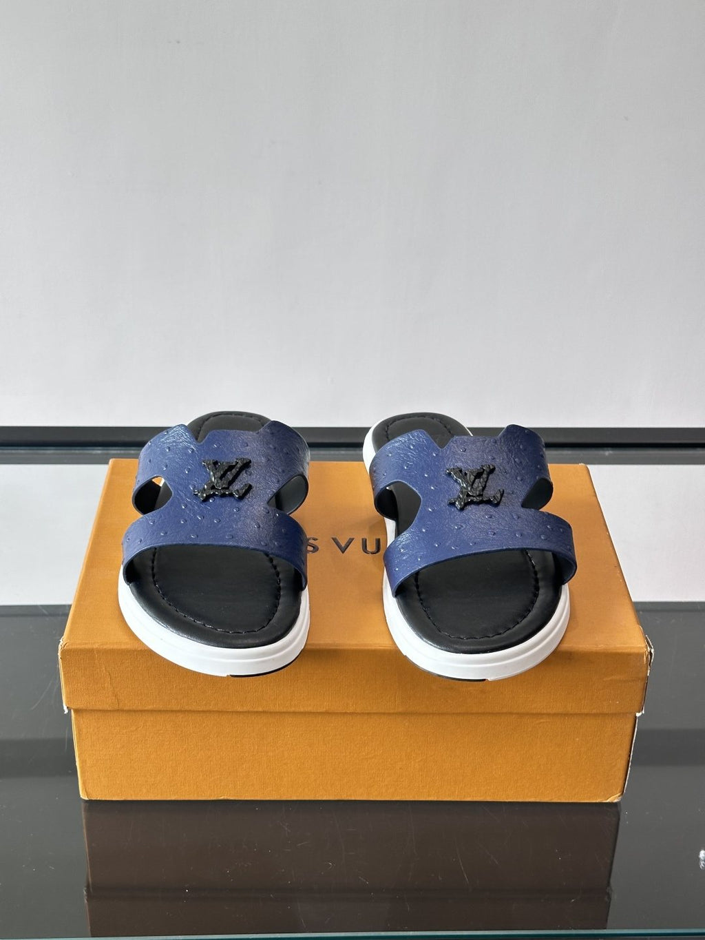 Louis Vuitton Embossed Blue Slide Sandals