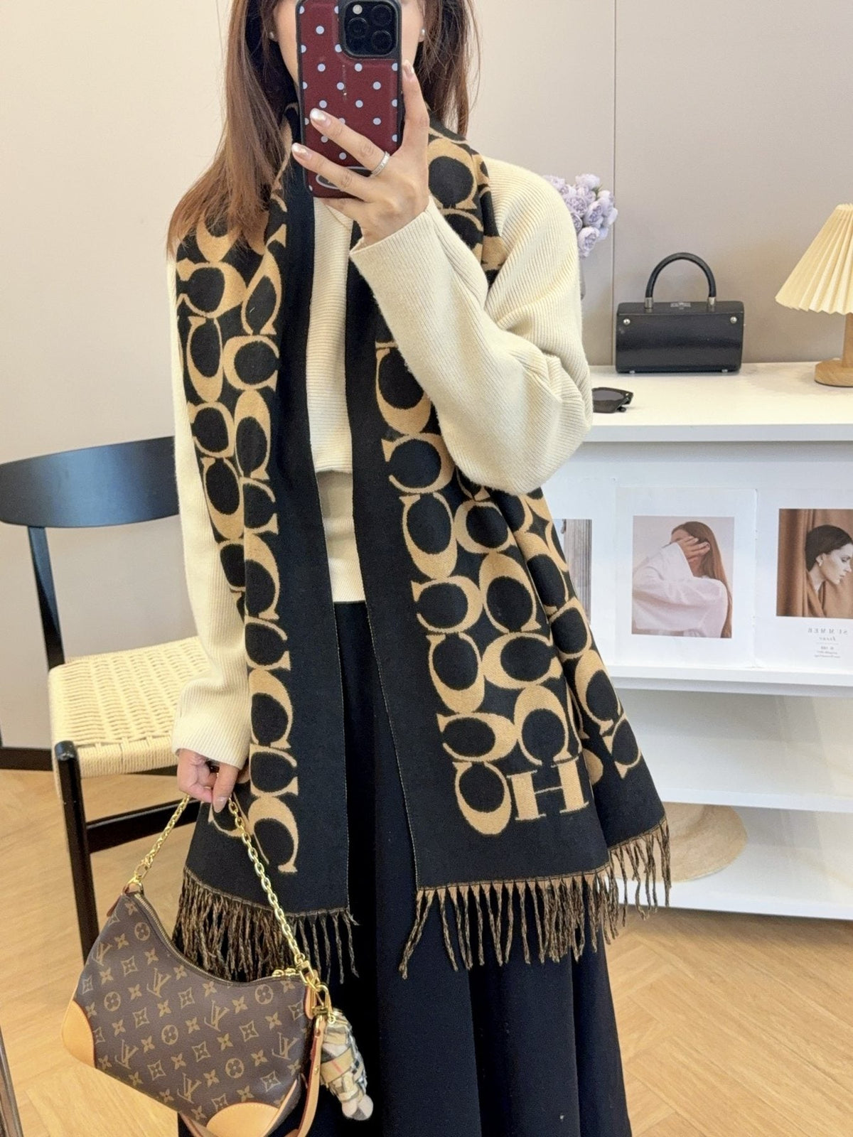 Coach Patterned Fringed Scarf