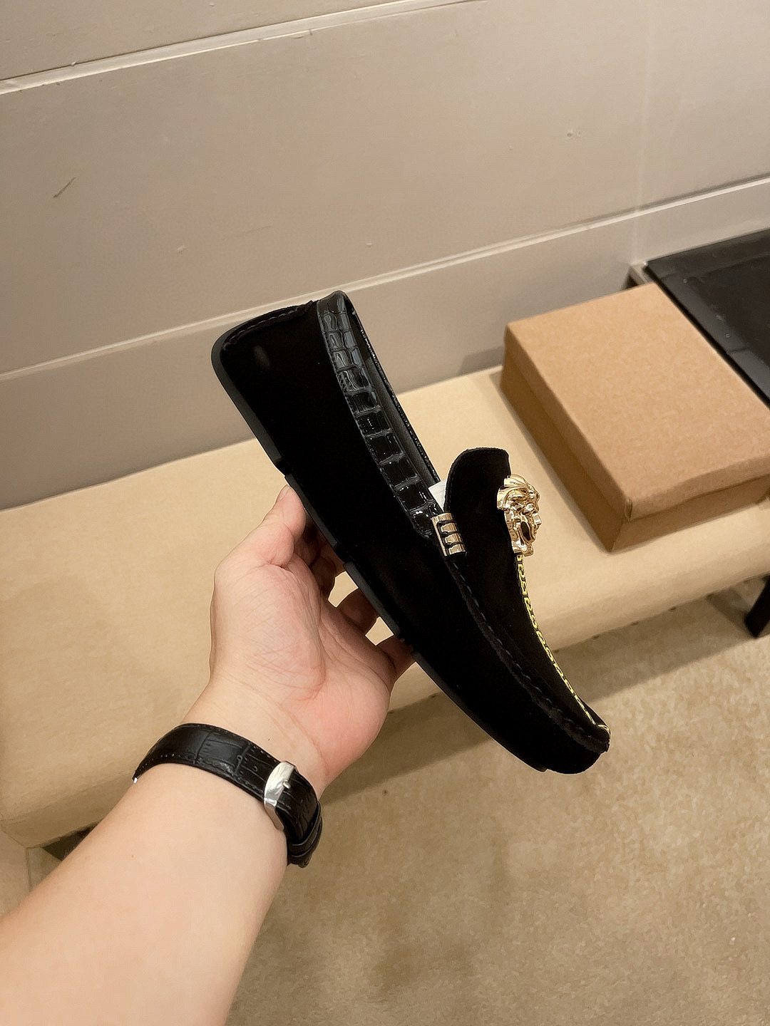 Versace Black Gold-Tone Hardware Loafers