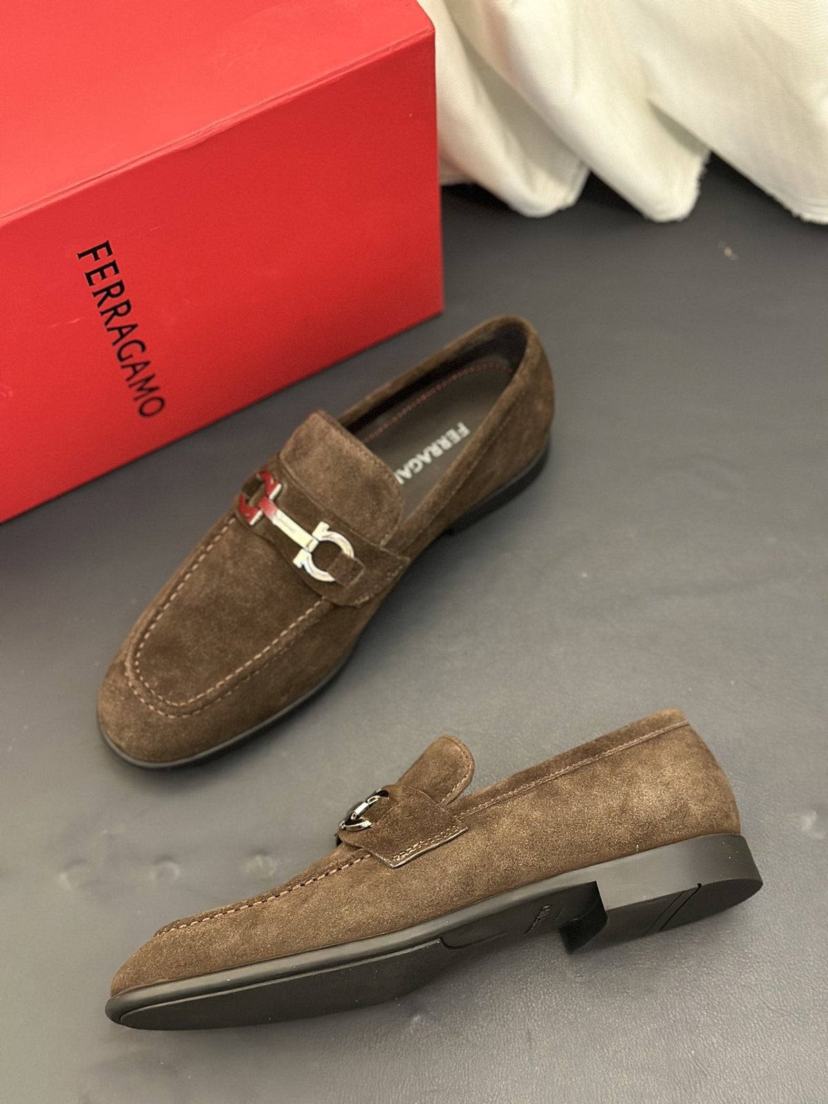 Ferragamo Brown Metal-Detail Loafers