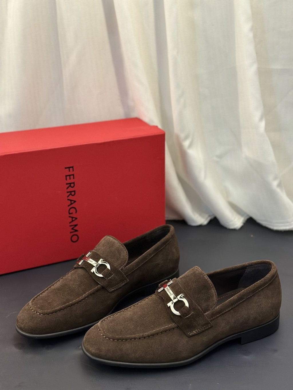 Ferragamo Brown Metal-Detail Loafers