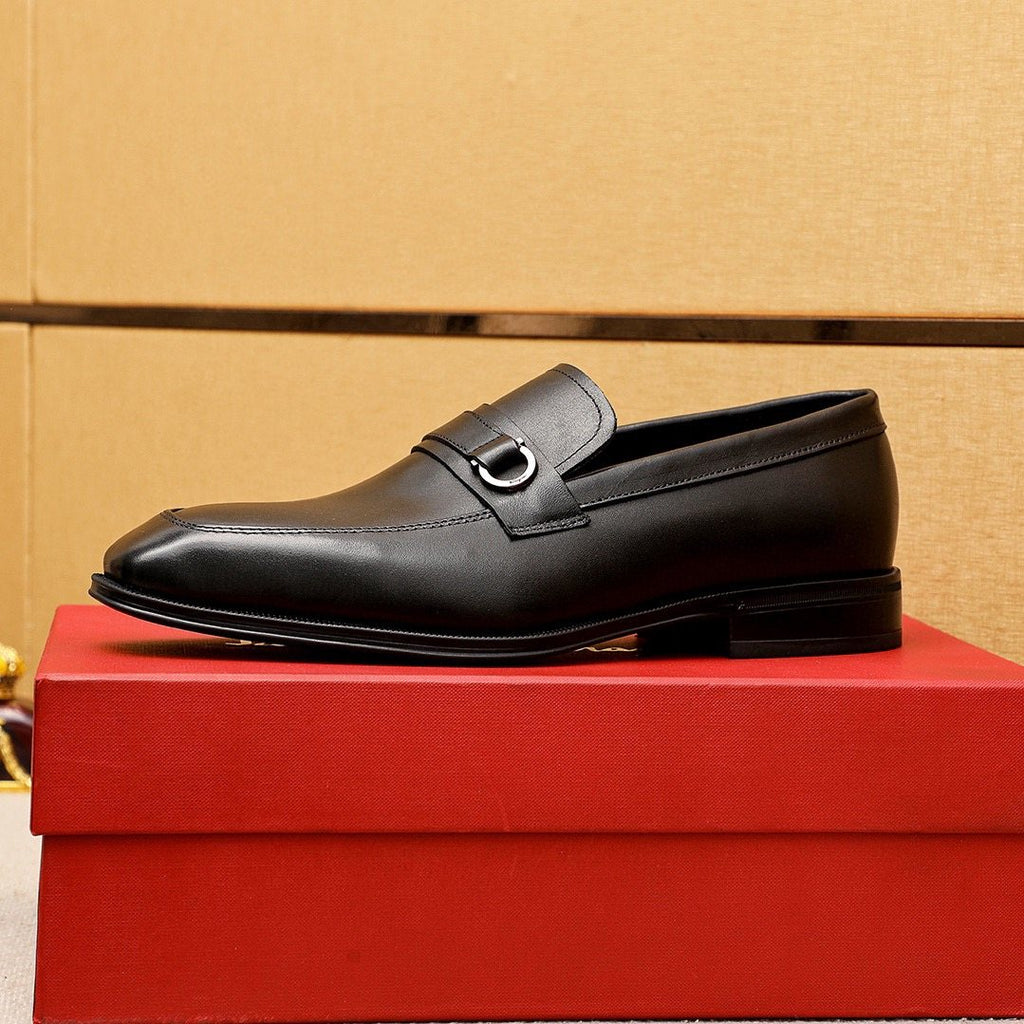 Ferragamo Men's Black Buckle Loafers - Vamp Strap With Metal Buckle Detail