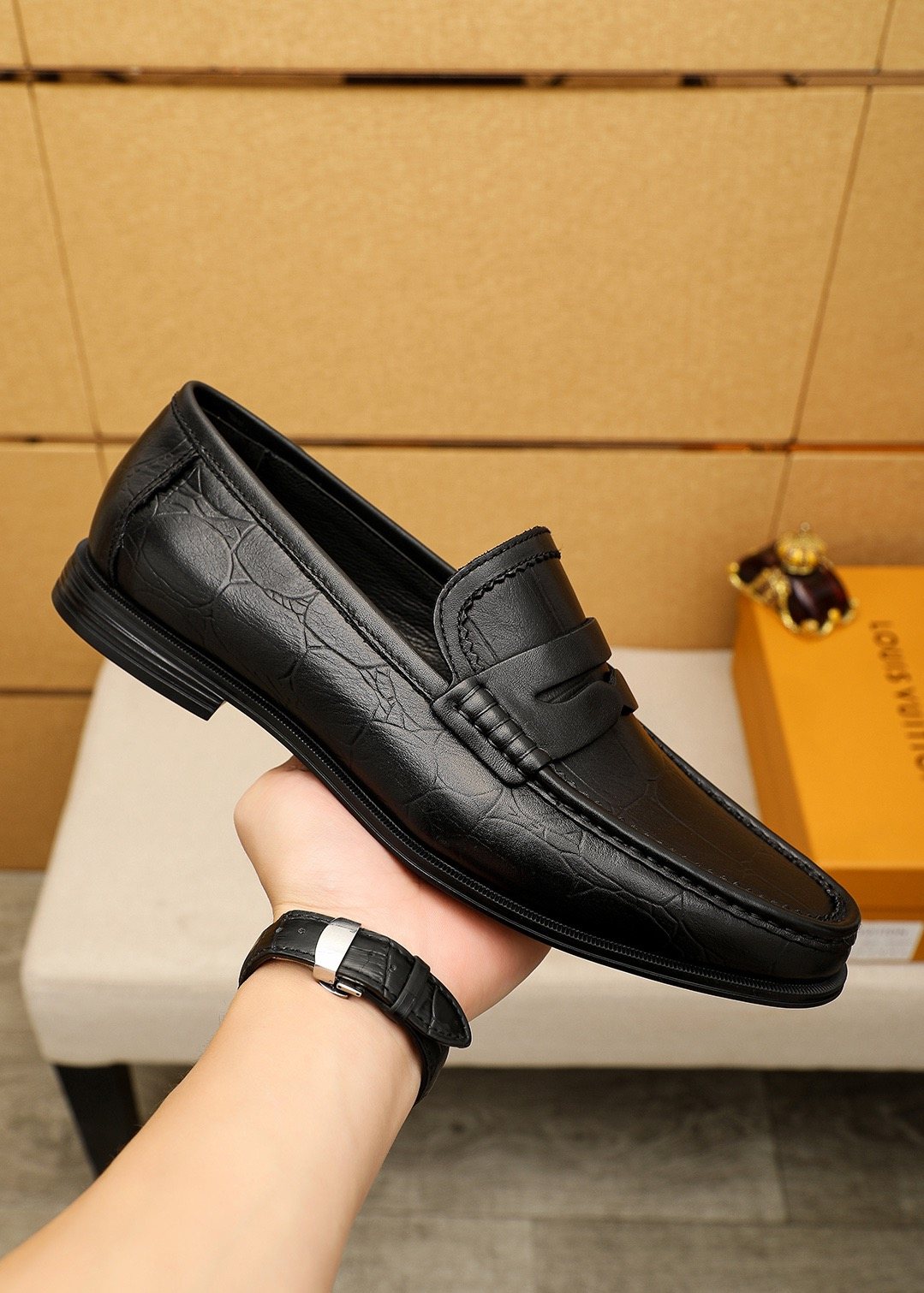 Louis Vuitton Black Textured Slip-On Loafers