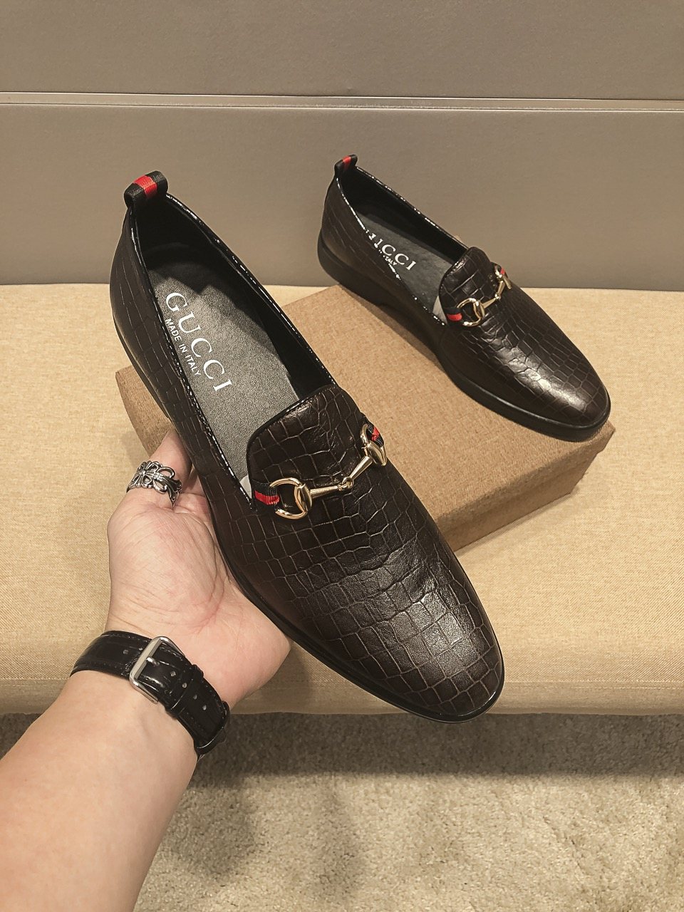 Gucci Black Embossed Horsebit Loafers
