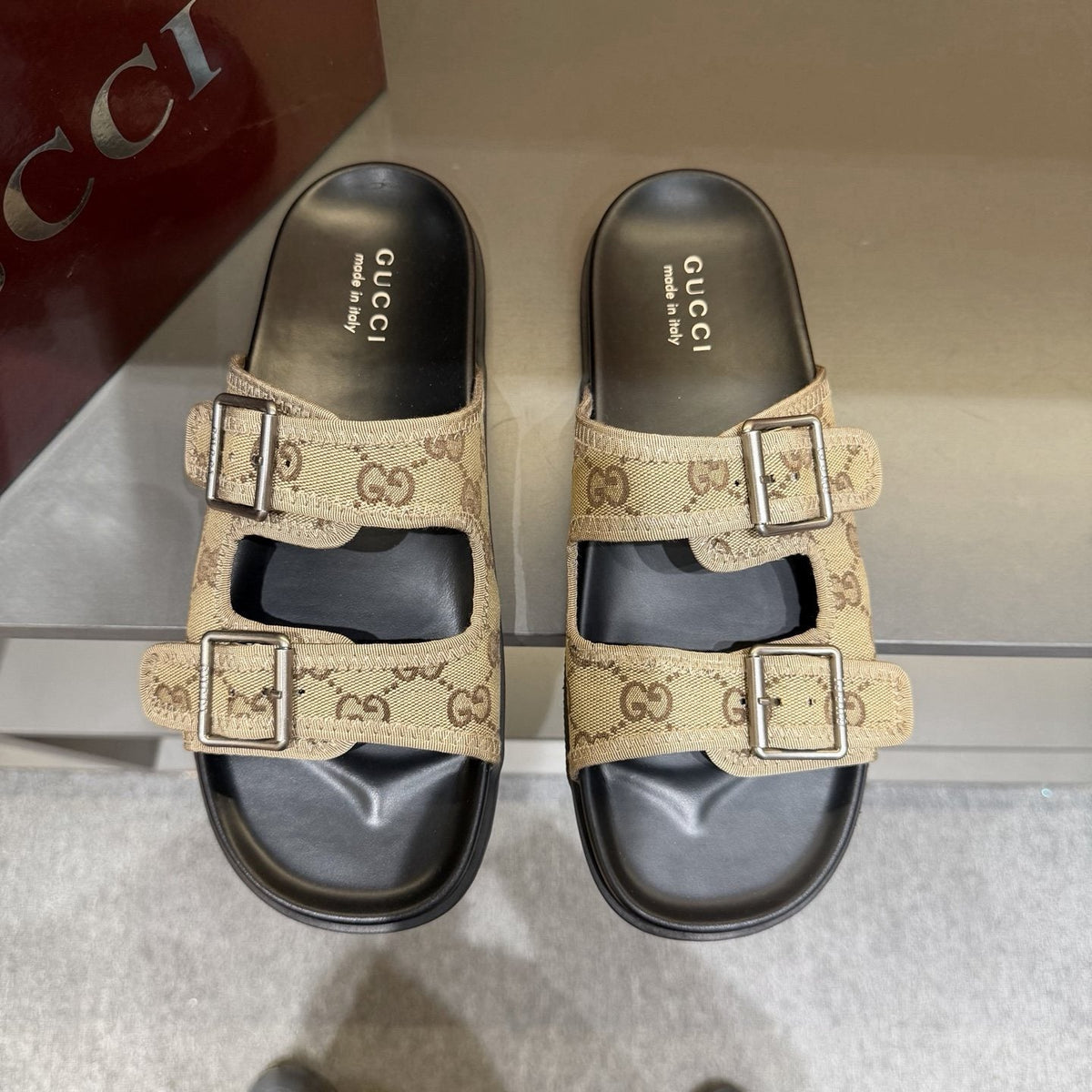 Gucci Men's Double-Buckle Monogram Slide Sandals