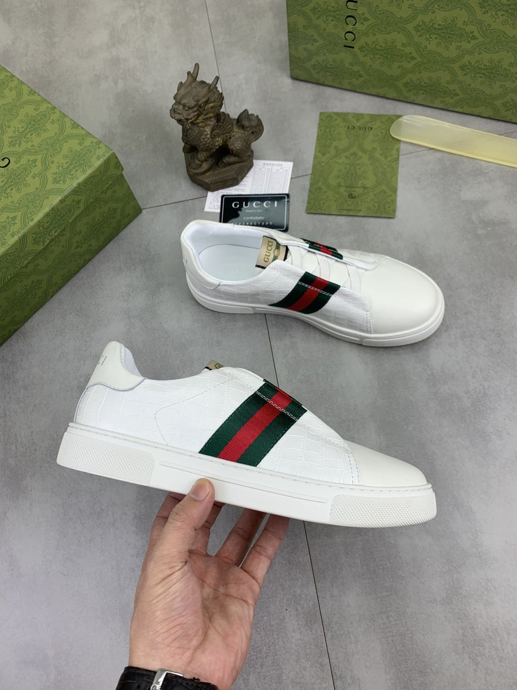 Gucci Web Stripe Slip-On Sneakers - Green-And-Red Striped Vamp Detail