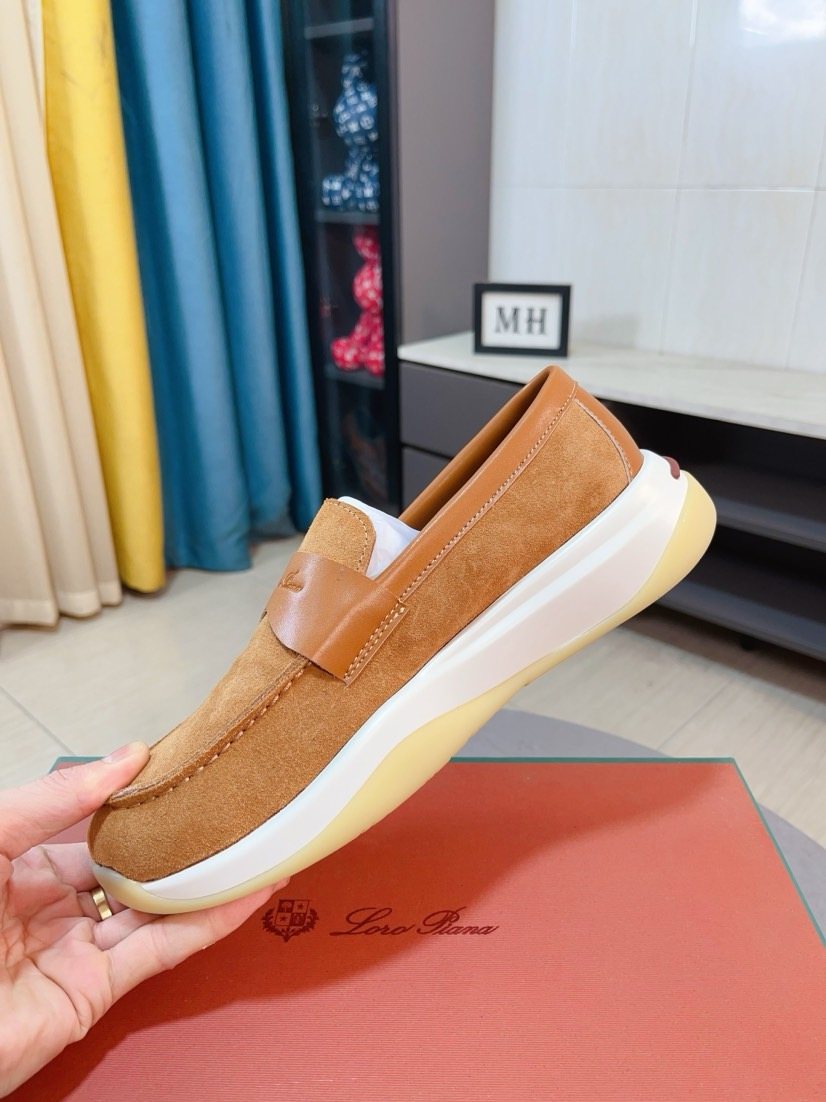 Loro Piana Navy Blue Contrast-Strap Loafers