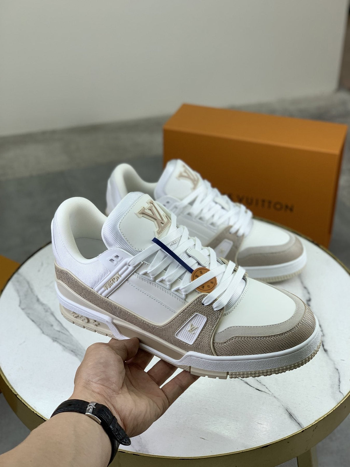 Louis Vuitton White and Beige Low-Top Sneakers