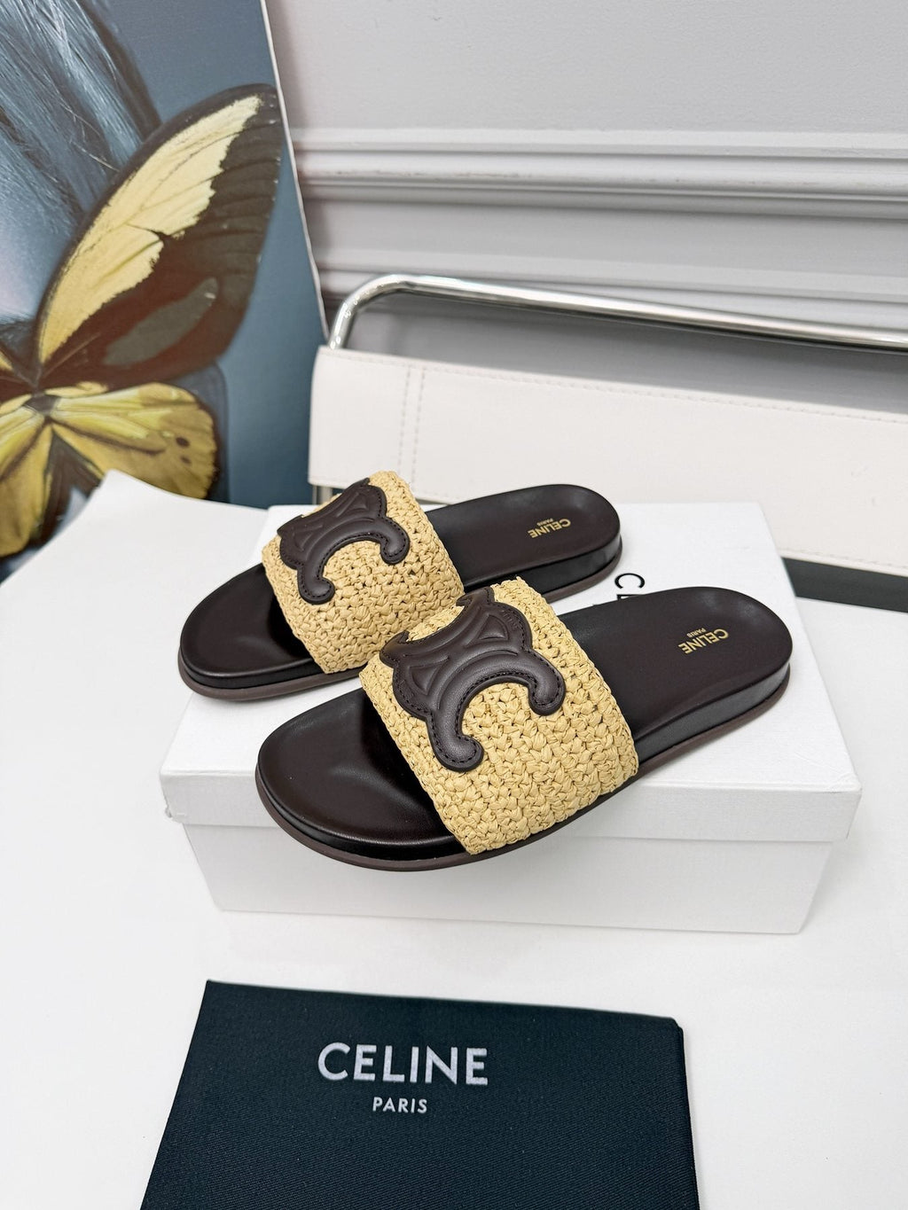 Celine Woven Emblem Slide Sandals